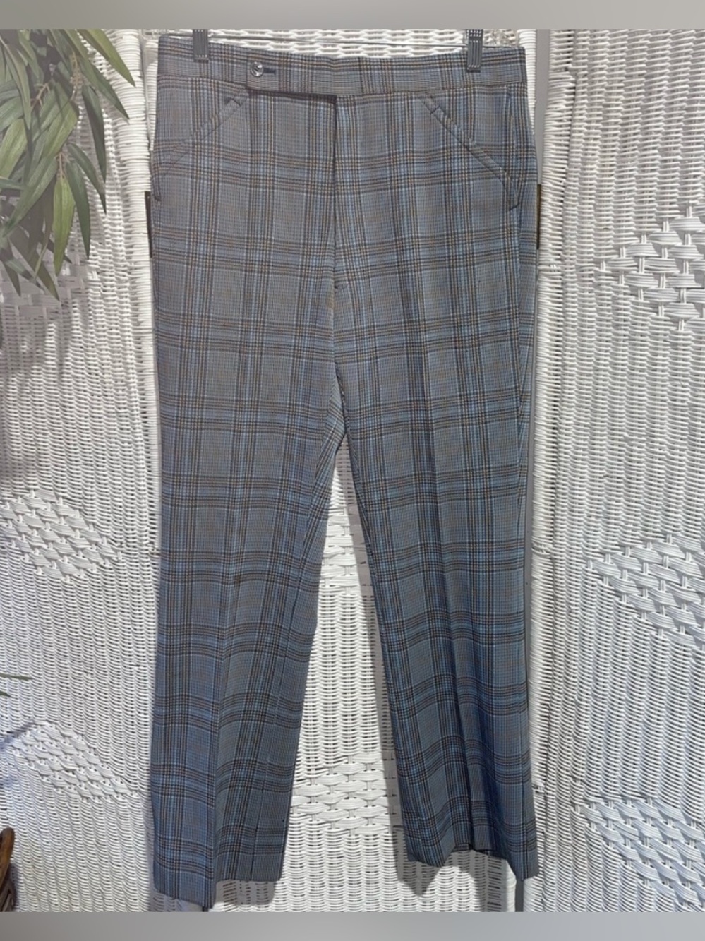 Vintage 70s mens blue gray plaid pants pleated trousers size 32